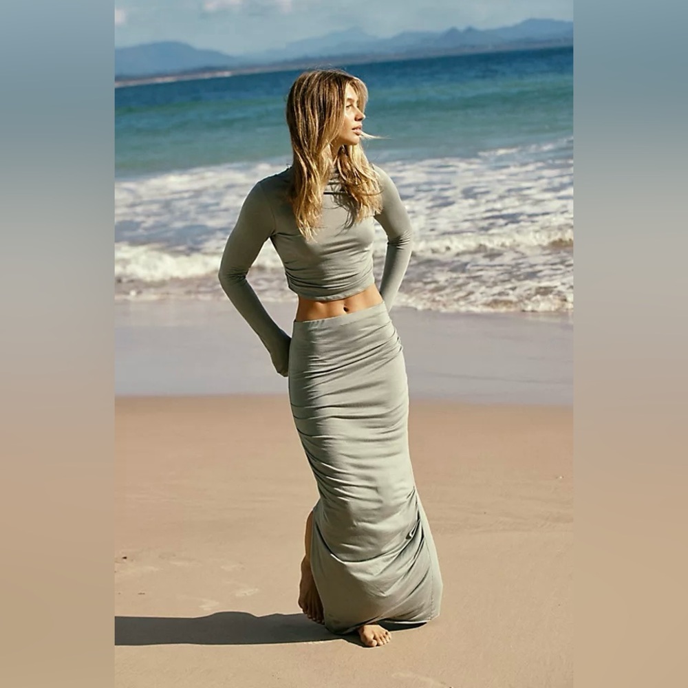 Free People green Cierra knit maxi long skirt crop top shirt set outfit medium
